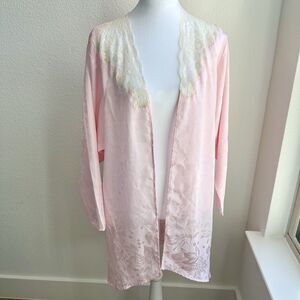 Vintage Victoria's Secret Open Robe Womens Pink Lace Floral Leaf Short Kimono